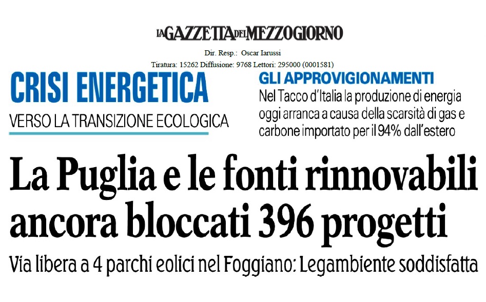 La Puglia e le fonti rinnovabili ancora bloccati 396 progetti.